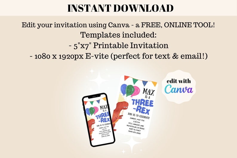 Editable Three Rex Dinosaur 3rd Birthday Party Invitation Evite Printable Template Instant Download DIY Jurassic TRex Third