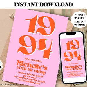 INSTANT Retro 1994 30th Birthday Invitation | Digital Download Editable Template | Evite Text Invitation | Pink Orange Year Party Invite Y1