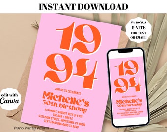 INSTANT Retro 1994 30th Birthday Invitation | Digital Download Editable Template | Evite Text Invitation | Pink Orange Year Party Invite Y1