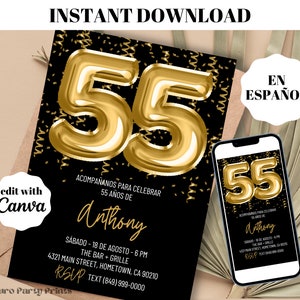 INSTANT gouden ballonnen 55e verjaardagsuitnodiging, SPAANSE digitale download bewerkbare sjabloon, Evite, Invitacion de Cumpleanos, 55 Anos