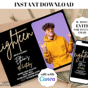 INSTANT Gold Minimalist Eighteen 18th Birthday Invitation Digital Download Editable Template Evite Adult bday Photo Invite Surprise Party