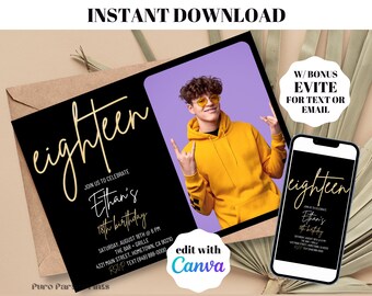 INSTANT Gold Minimalist Eighteen 18th Birthday Invitation Digital Download Editable Template Evite Adult bday Photo Invite Surprise Party