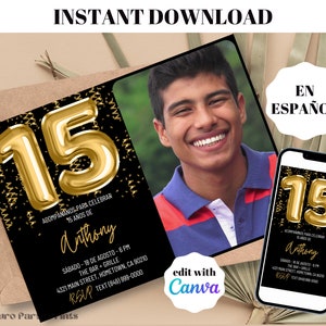 Invitación de cumpleaños número 15 de globos de oro INSTANTÁNEO con foto, plantilla editable de descarga digital en ESPAÑOL, Evite, Invitacion de Cumpleanos 15 Anos