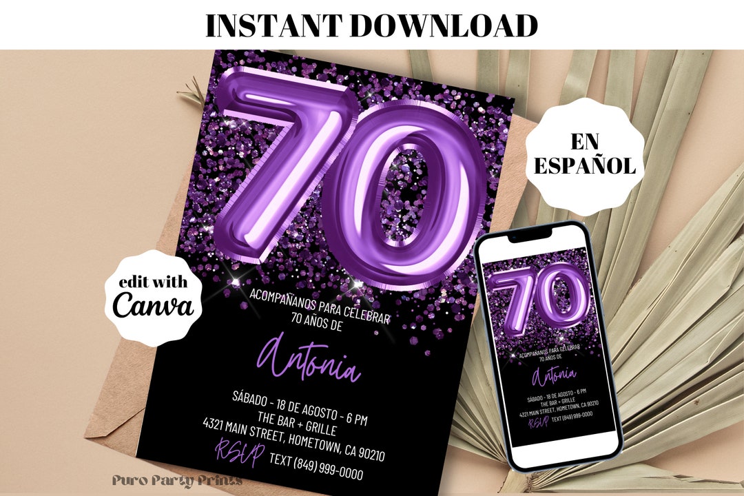 Invitación de cumpleaños 70 de globos morados INSTANT, plantilla ...