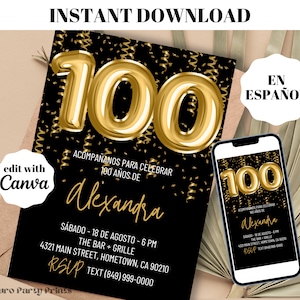 SPAANSE gouden ballonnen 100e verjaardagsuitnodiging | Instant digitale download bewerkbare sjabloon | Evit | Uitnodiging voor Cumpleanos 100 Anos