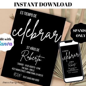 INSTANT Simple Modern Black SPANISH Birthday Party Invitation Digital Download Editable Template Evite, Adult bday Invite, Any Age Celebrar