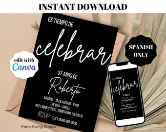 INSTANT Simple Modern Black SPANISH Birthday Party Invitation Digital Download Editable Template Evite, Adult bday Invite, Any Age Celebrar