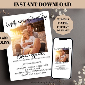 INSTANT Editable Happily Ever After Party Photo Invitation, Wedding Elopement Party Invite Template, Minimalist Wedding Reception Invite