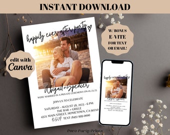 INSTANT Editable Happily Ever After Party Photo Invitation, Wedding Elopement Party Invite Template, Minimalist Wedding Reception Invite