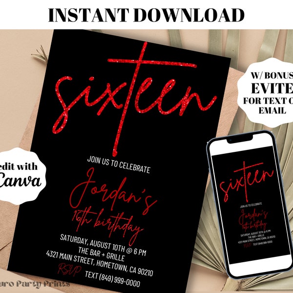 INSTANT Editable Red Glitter Sixteen 16th Birthday Invitation | Printable Digital Download Template | Teen Party Invite | Text Invitation