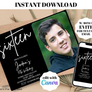 INSTANT Editable Simple Black Sixteen 16th Birthday Invitation Photo Invitation Digital Download Template Evite Minimalist Teen Boy