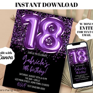 INSTANT Purple Balloons 18th Birthday Invitation, Digital Download Editable Template, Evite Text Invitation, 18th Birthday Party Invite