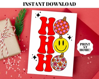 Retro Ho Ho Ho Ornament Stack Printable Christmas Card, Retro Printable Holiday Card, Digital Download, Groovy Christmas Greeting Card