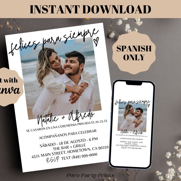 INSTANT Editable Happily Ever After Party Photo Invitation in SPANISH, Wedding Elopement Invite Template, Minimalist Wedding Reception Evite