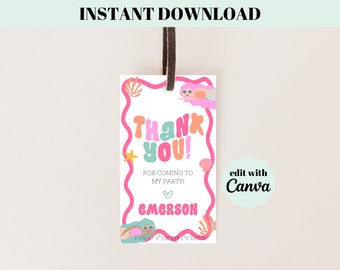 Editable Thank You Mermaid Birthday Party Tags Template Under The Sea Party Favor Tags Retro Mermaid Thank You Tag Instant Download M1