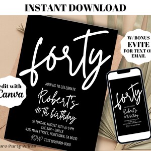 INSTANT Editable Forty 40th Birthday Party Invitation Evite Printable Template Digital Download Minimalist Fortieth Black and White Invite