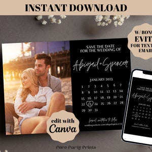 INSTANT Editable Save the Date Template For Wedding with Calendar and Photo, Minimalist Save the Date Card, Engagement Save the Dates