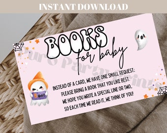 INSTANT Books for Baby Insert Card Halloween Baby Shower Invitation Insert Printable Download Baby Cute Pink Ghost Spooky Baby's Library  H2