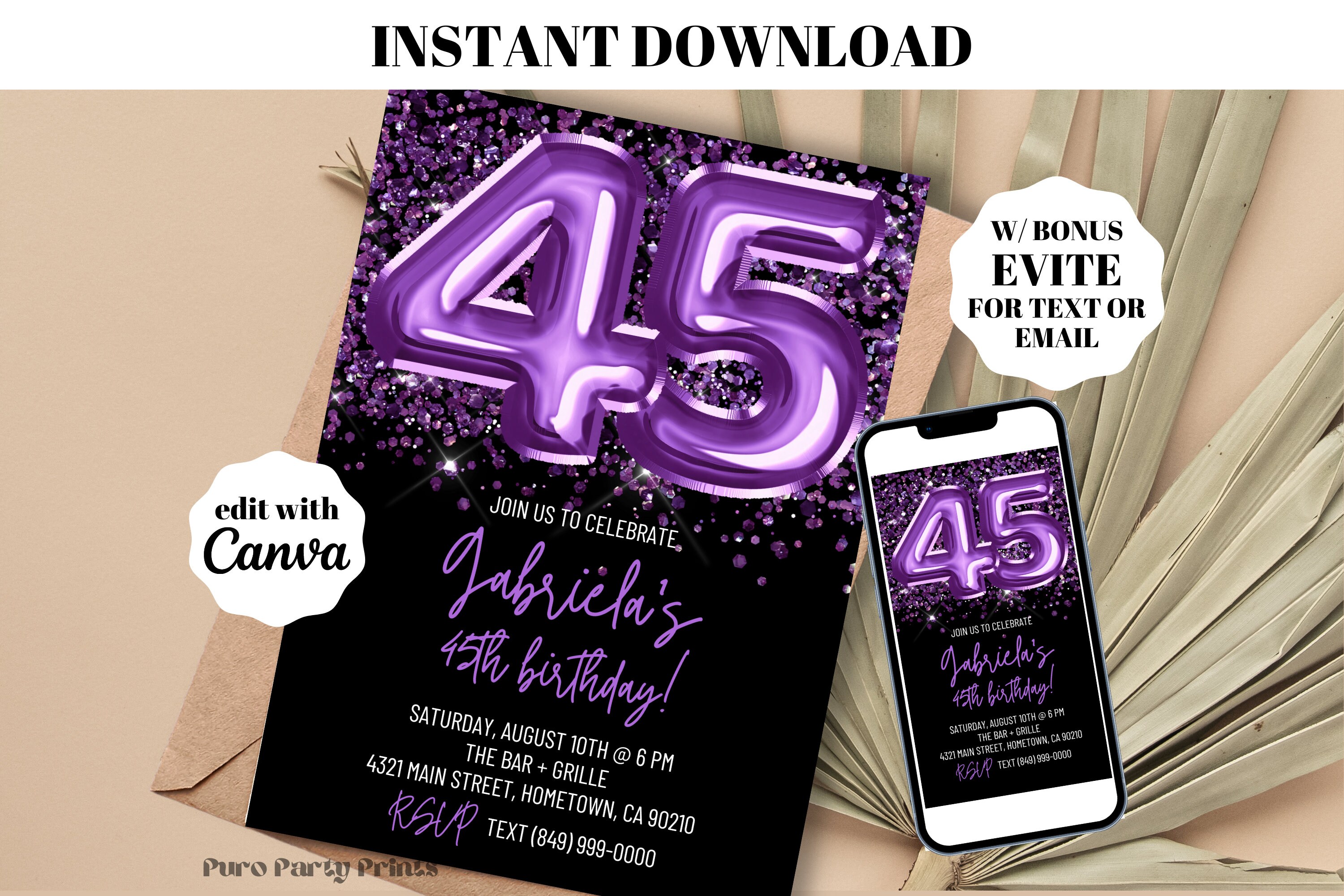 INSTANT Purple Balloons 45th Birthday Invitation, Digital Download Editable Template, Evite Text Invitation, 45th Birthday Party Invite