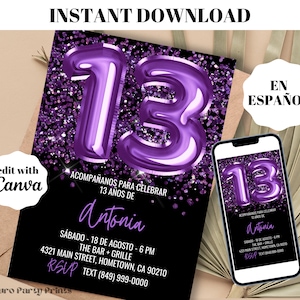 INSTANT paarse ballonnen 13e verjaardagsuitnodiging, SPAANSE digitale download bewerkbare sjabloon, Evite, Invitacion de Cumpleanos, 13 Anos