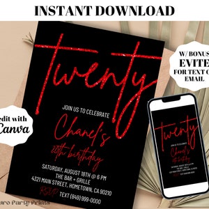 INSTANT Red Glitter Twenty 20th Birthday Invitation Digital Download Editable Template Evite Adult bday Invite Trendy Surprise Party
