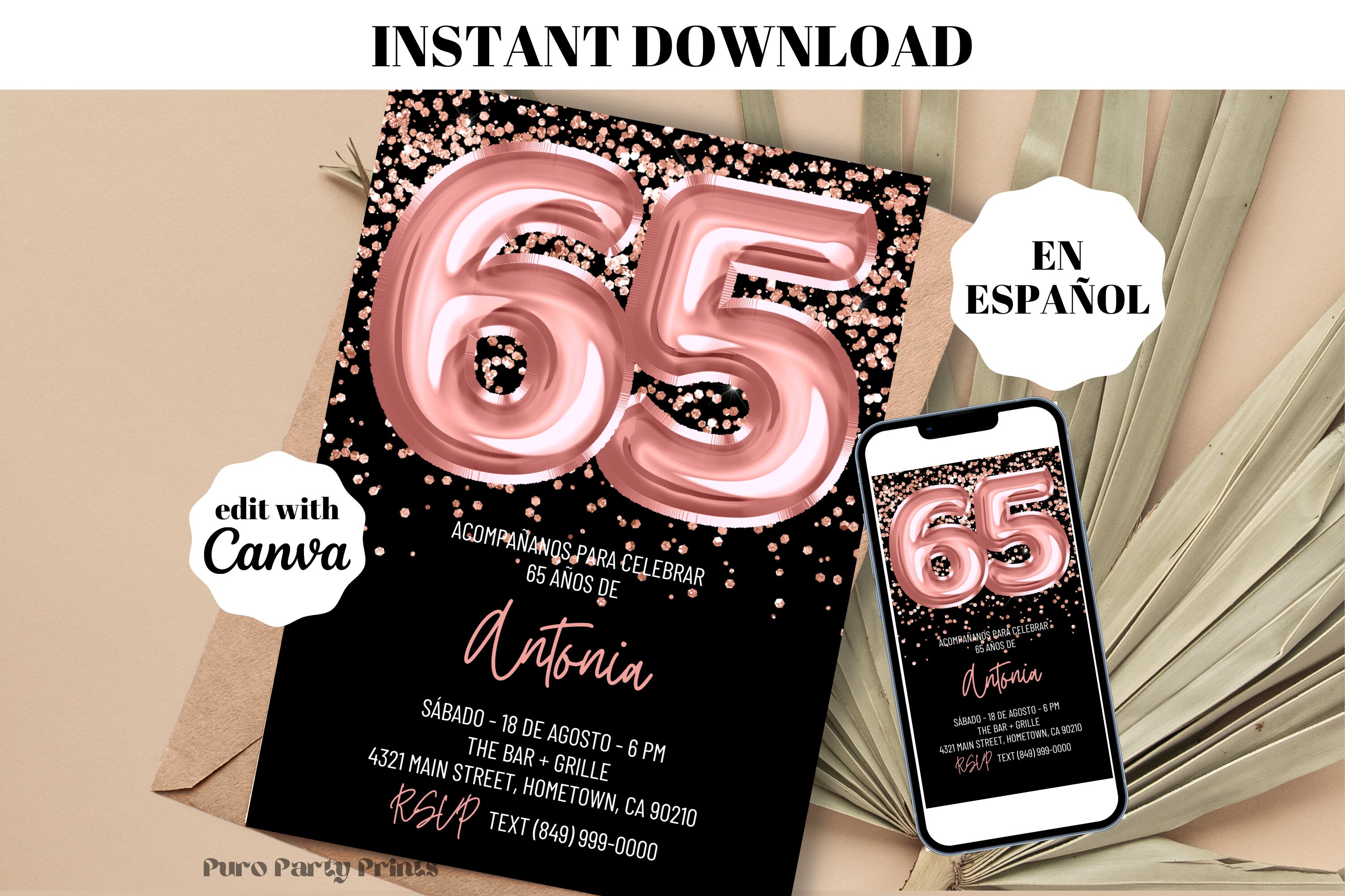 INSTANT Rose Gold Balloons 65th Birthday Invitation, SPANISH Digital ...
