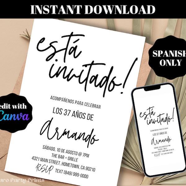 INSTANT Editable Simple SPANISH Birthday Party Invitation Digital Download Editable Template Evite Adult bday Invite, Any Age Celebrar