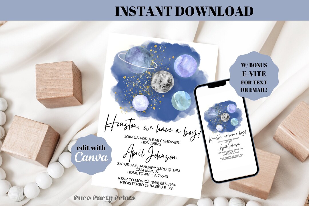 Editable Houston We Have A Boy Baby Shower Invitation Evite Printable