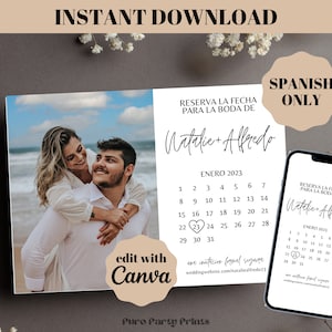 すぐに編集できる結婚式の日付保存テンプレート スペイン語 Reserva la Fecha Plantilla Para Boda Quinceanera カレンダーと写真付き