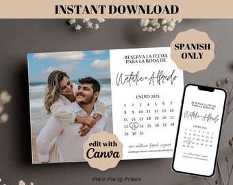 INSTANT Editable Save the Date Template For Wedding SPANISH Reserva la Fecha Plantilla Para Boda Quinceanera with Calendar and with Photo