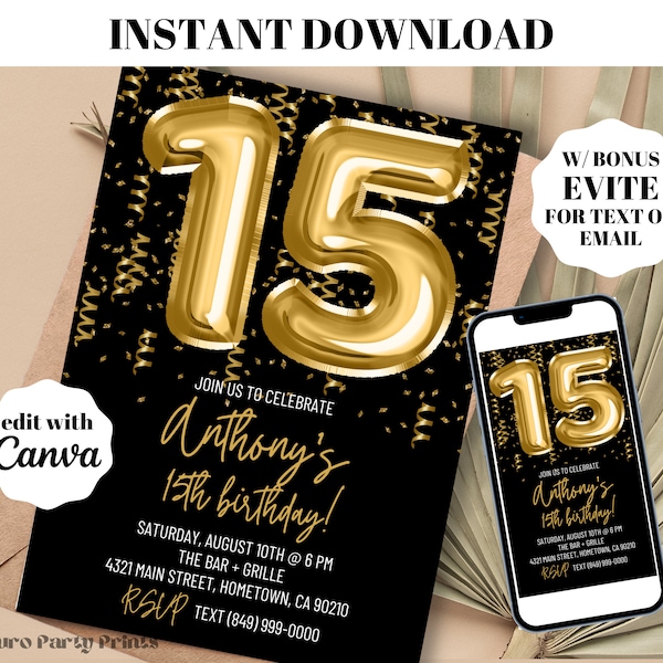 INSTANT Gold Balloons 15th Birthday Invitation, Digital Download Editable Template, Evite, Printable Fifteenth Party Invites Boy or Girl