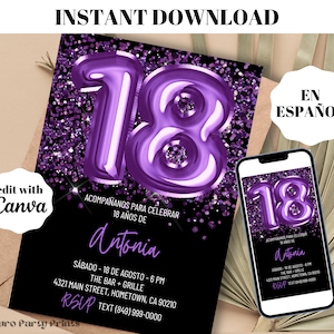 INSTANT Purple Balloons 18th Birthday Invitation, SPANISH Digital Download Editable Template, Evite, Invitacion de Cumpleanos, 18 Anos