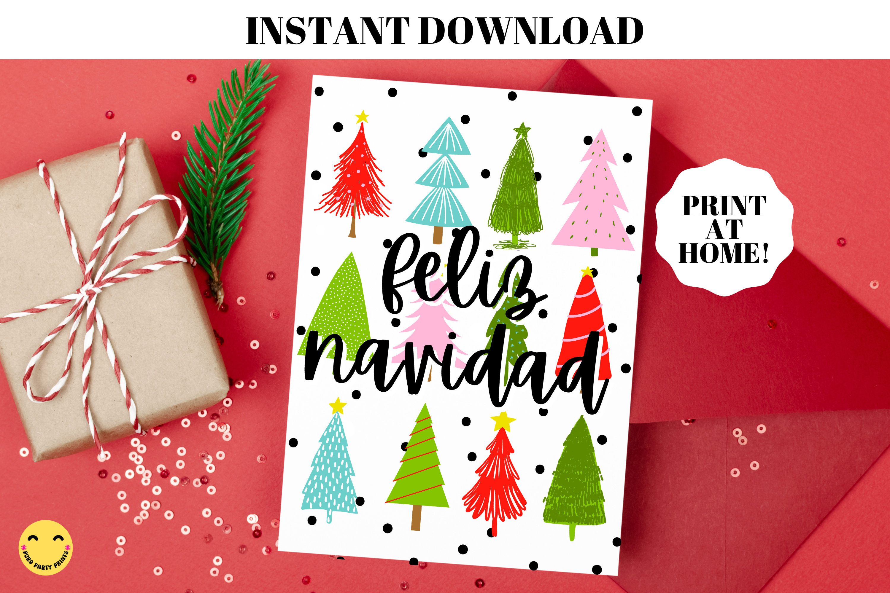 Retro Feliz Navidad Printable Card, Spanish Printable Holiday Card ...