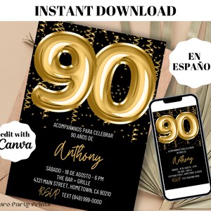 Convite de aniversário de 90 anos com balões dourados INSTANTÂNEOS, modelo editável para download digital em ESPANHOL, Evite, Invitacion de Cumpleanos, Noventa Anos