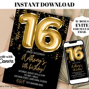 INSTANT Gold Balloons 16th Birthday Invitation, Digital Download Editable Template, Evite, Printable Sixteen Party Invites Boy or Girl