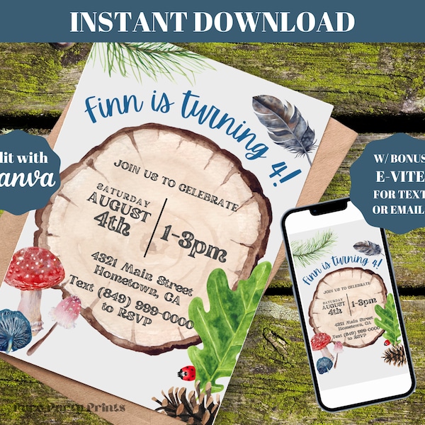 INSTANT Editable Forest Birthday Party Invitation Evite Printable Template Instant Download Any Age Fairytale Mushroom Mountain Greenery G5