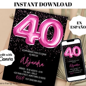 SOFORTIGER Hot Pink Ballons 40. Geburtstag Einladung, SPANISCH digitaler Download bearbeitbare Vorlage, Evite, Invitacion de cumpleanos 40 Anos