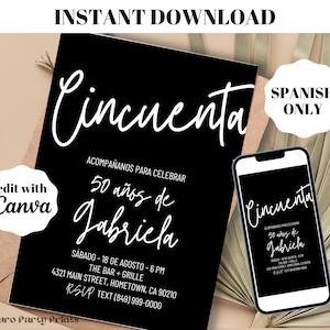 Convite INSTANT Simple Black Cincuenta 50º aniversário em ESPANHOL Download digital modelo editável Evite, convite de aniversário adulto, 50 anos, moderno