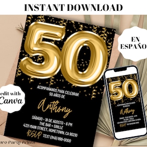 Convite de aniversário de 50 anos com balões dourados INSTANTÂNEOS, modelo editável para download digital em ESPANHOL, Evite, Invitacion de Cumpleanos, Cincuenta Anos