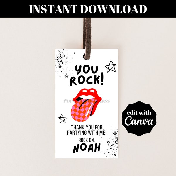 INSTANT Editable Thank You Rock & Roll Birthday Party Tags Printable Template Download DIY Rock Star Party Punk Rock Party Favor Tags R8