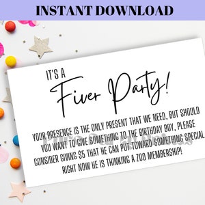 INSTANT Editable Fiver Party Enclosure Card Birthday Party Insert Card Printable Template Instant Download DIY No Gifts