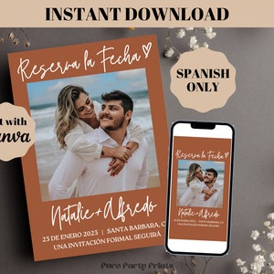結婚式、スペイン語 Reserva la Fecha Plantilla Para Boda Quinceanera 婚約用のインスタント編集可能な日付フォト カード テンプレートを保存
