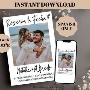 結婚式、スペイン語 Reserva la Fecha Plantilla Para Boda Quinceanera 婚約用のインスタント編集可能な日付フォト カード テンプレートを保存