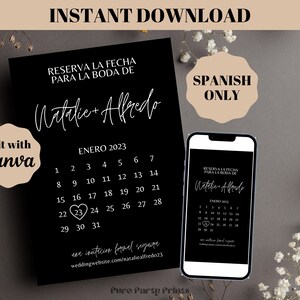 インスタント編集可能結婚式用日付テンプレートを保存スペイン語 Reserva la Fecha Plantilla Para Boda Quinceanera カレンダー付き