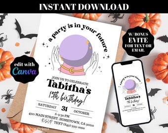 INSTANT Editable Crystal Ball Birthday Invitation Halloween Birthday Digital Download Template Fortune Teller Birthday Party Celestial Tarot