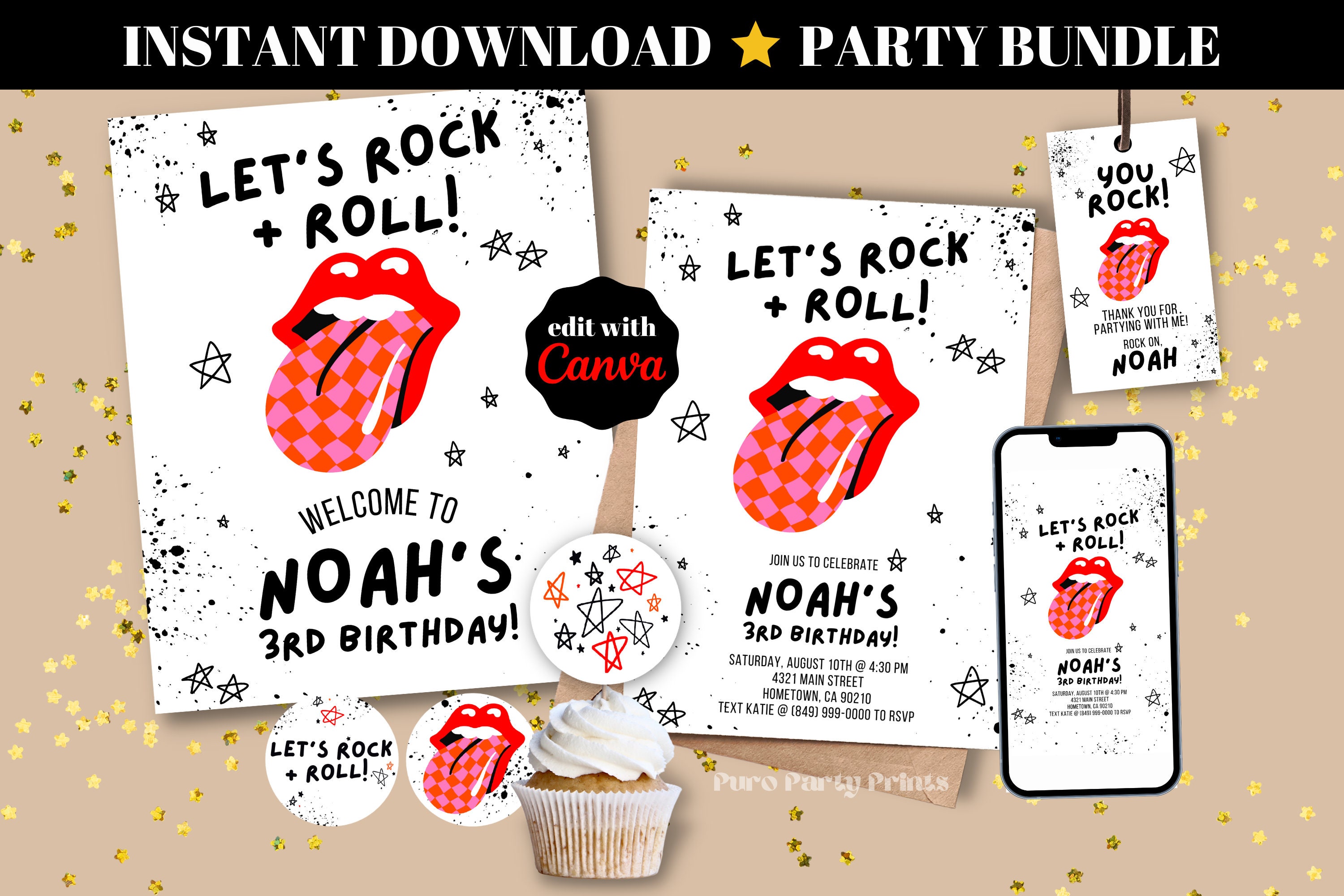 INSTANT Editable Rock Roll Birthday Party Bundle DIY Digital Download Invitation Evite Cupcake Toppers Welcome Sign Favor