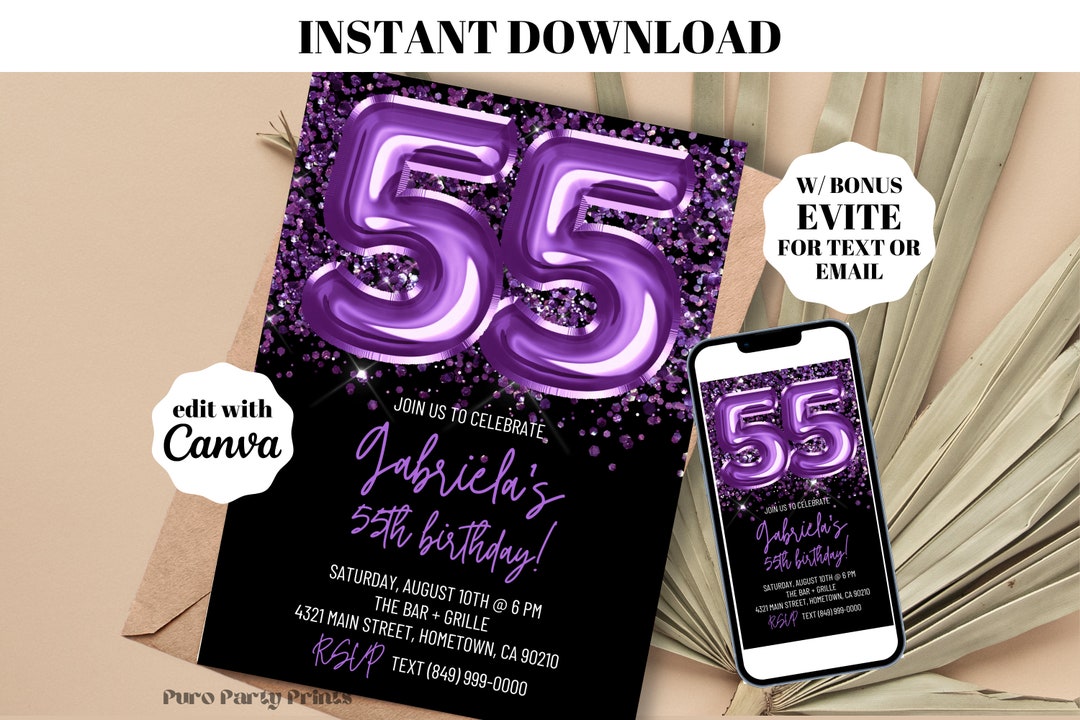INSTANT Purple Balloons 55th Birthday Invitation, Digital Download