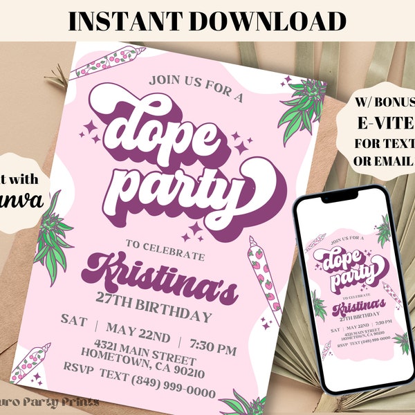 Weed Party Invitation | Dope Party Cannabis Birthday Invite | Printable Digital Download | Evite | Editable Girly Pink Marijuana Template