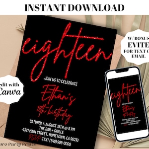 INSTANT Red Glitter Eighteen 18th Birthday Invitation Digital Download Editable Template Evite Adult bday Invite Trendy Surprise Party