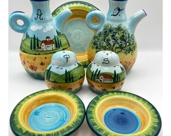 Hand Painted Verdiani Firenze Italian Cruets Oil Vintager Salt Pepper Dip Bowls